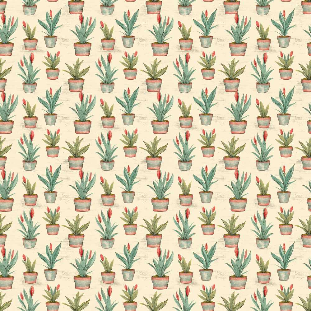 Vintage Style Potted Plants with Flowers Wildflower Pattern Botanical
