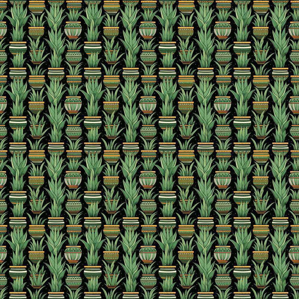 Decorative Potted Green Houseplants on Dark Background Repeat