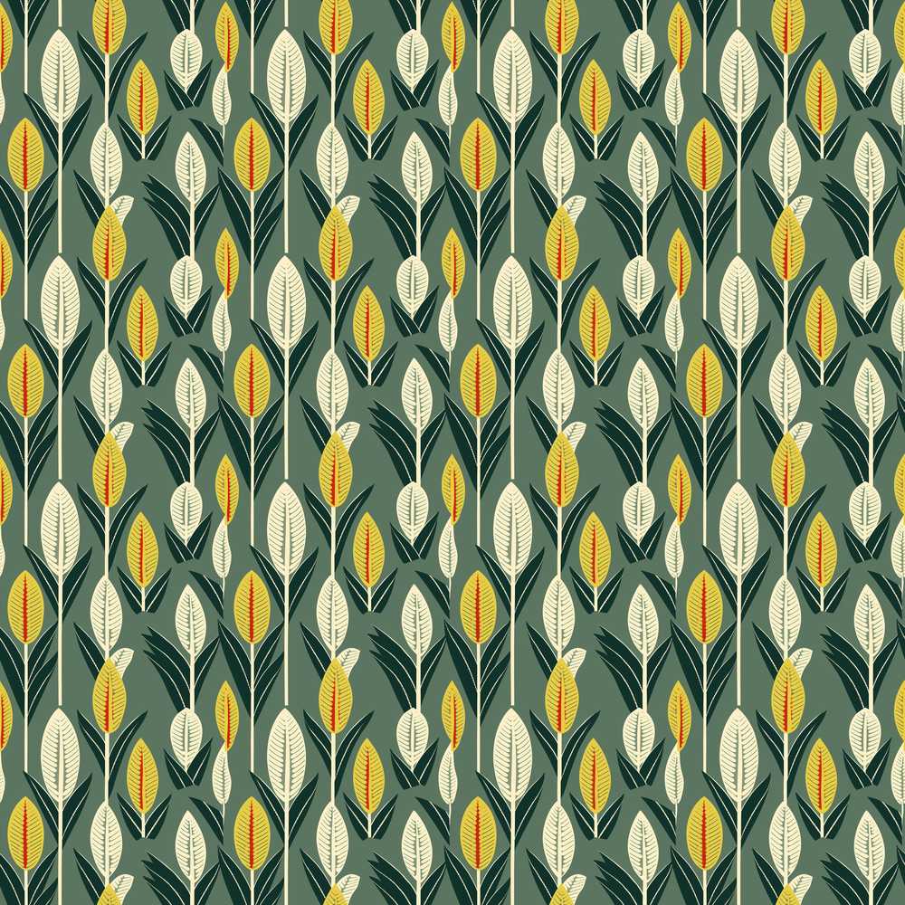 Stylized Leaf Stems in Green and Yellow on Muted Background