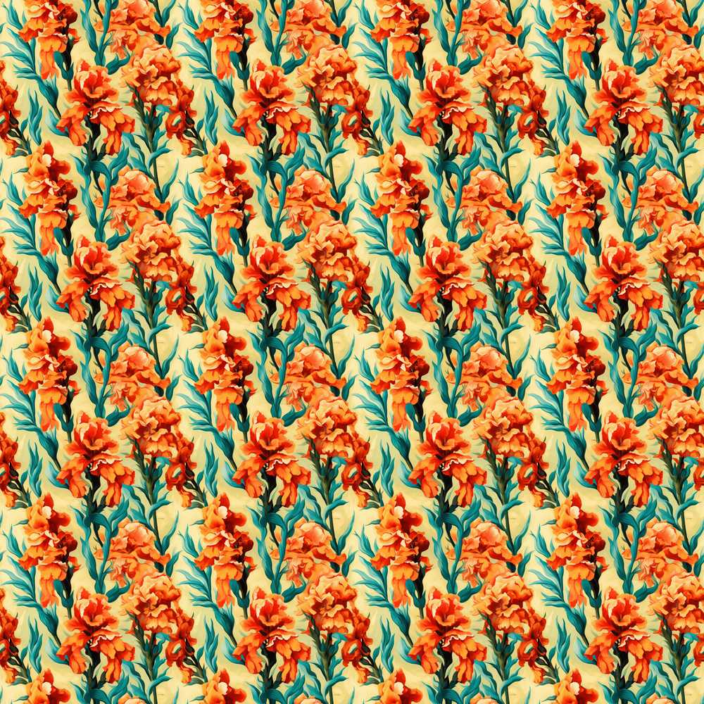 Bold Orange Floral Blooms with Teal Leaves Wildflower Pattern