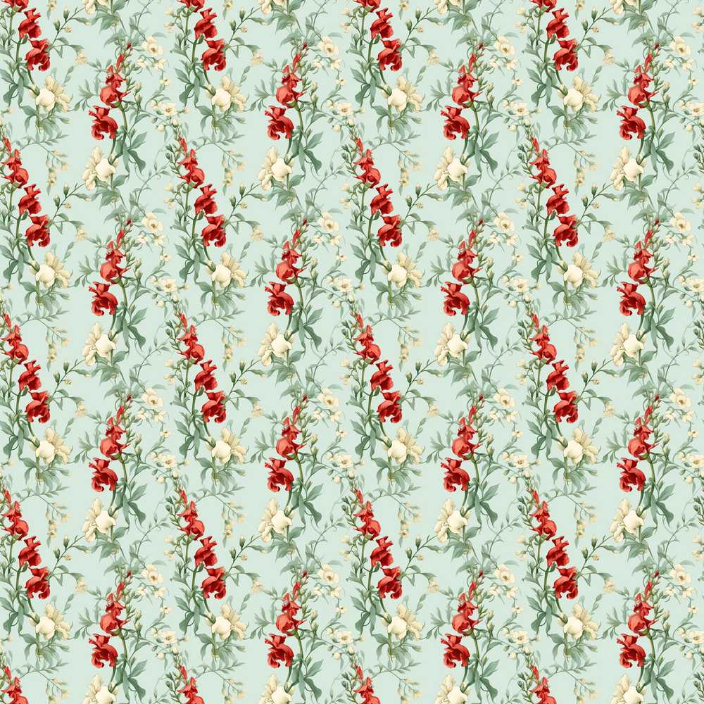 Vintage Red and Cream Floral Vines on Pastel Blue