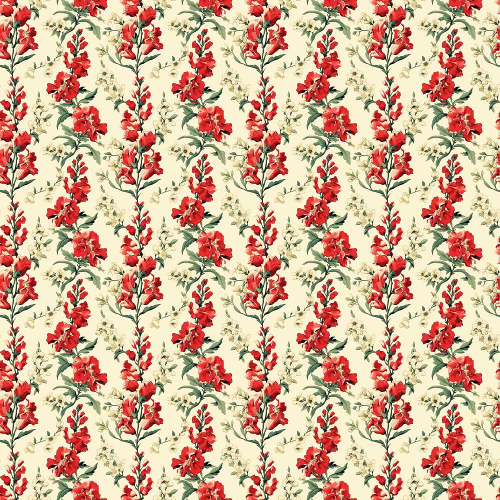 Vintage Red Floral Stems with Cream Blossoms Wildflower Pattern