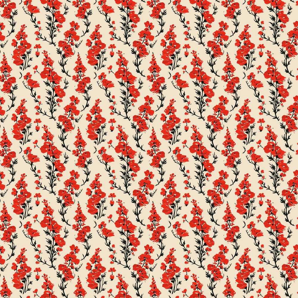 Bold Red Floral Silhouettes on Beige Background Wildflower Pattern