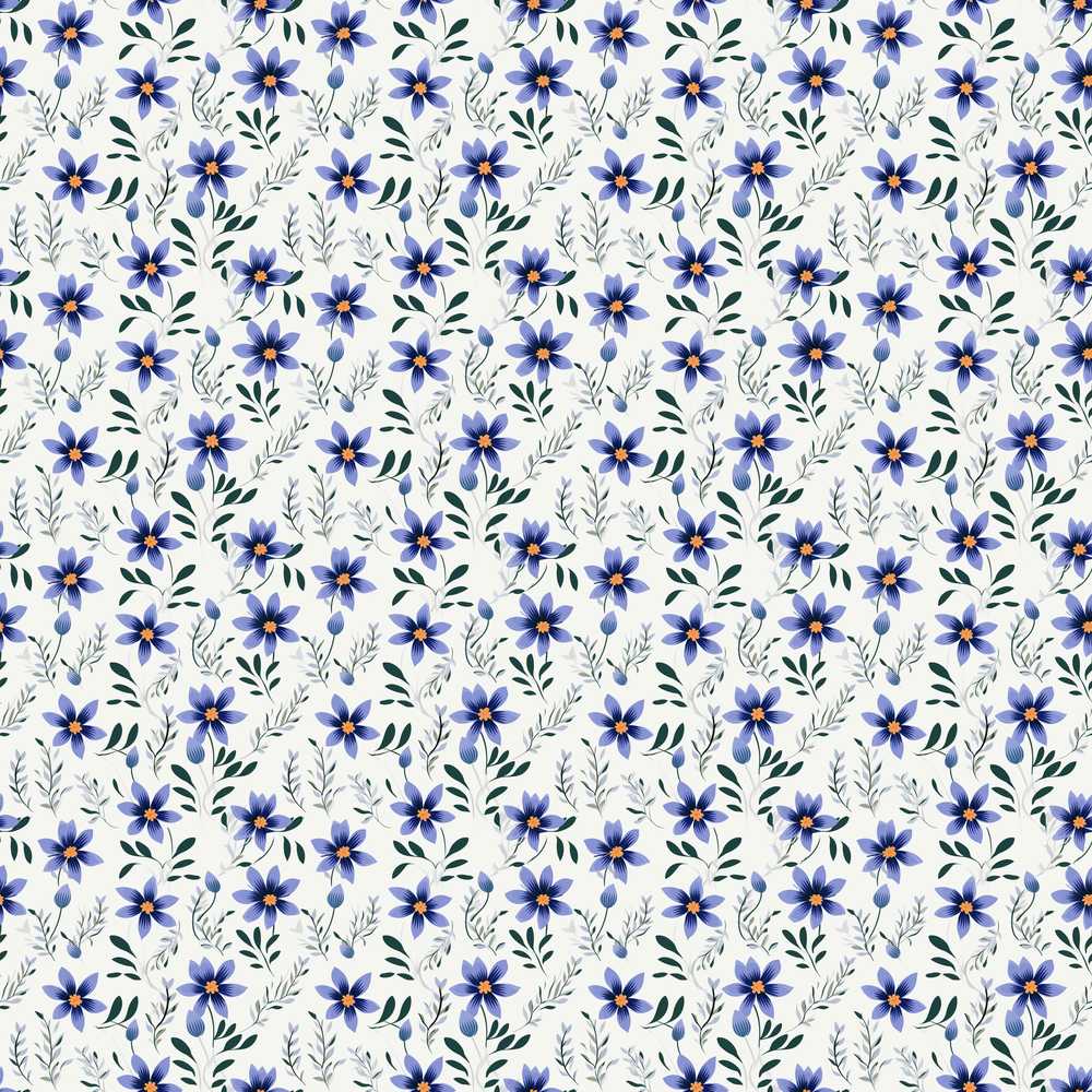 Elegant Blue Floral Leaves and Blossoms Wildflower Pattern Botanical