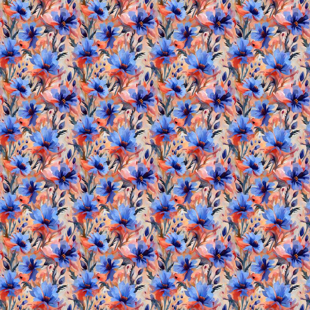 Bold Painterly Blue and Coral Flowers Wildflower Pattern Botanical
