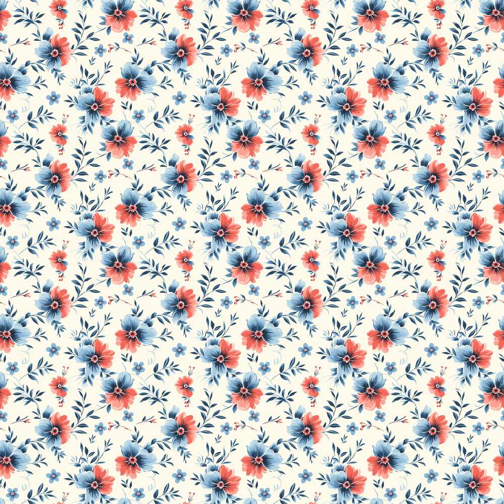 Coral and Blue Floral Scatter Wildflower Pattern Botanical