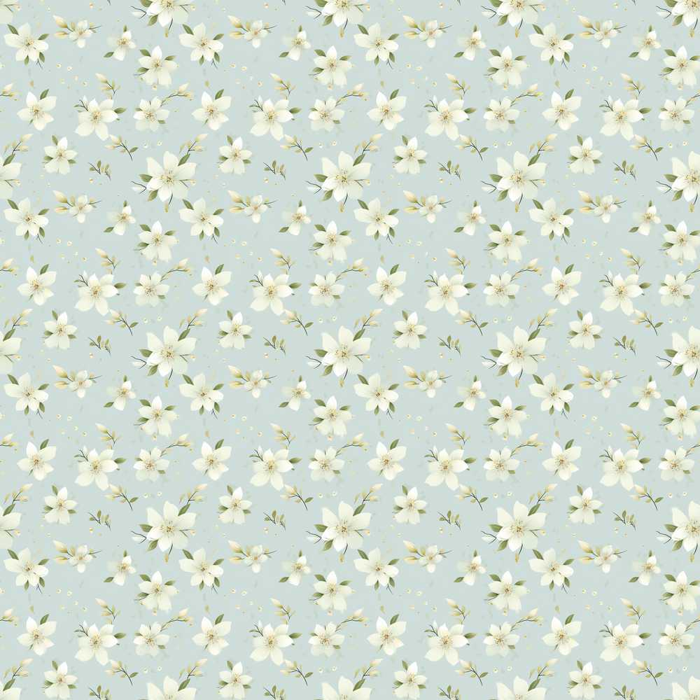 Delicate White Blossom Flowers on Soft Blue Wildflower Pattern