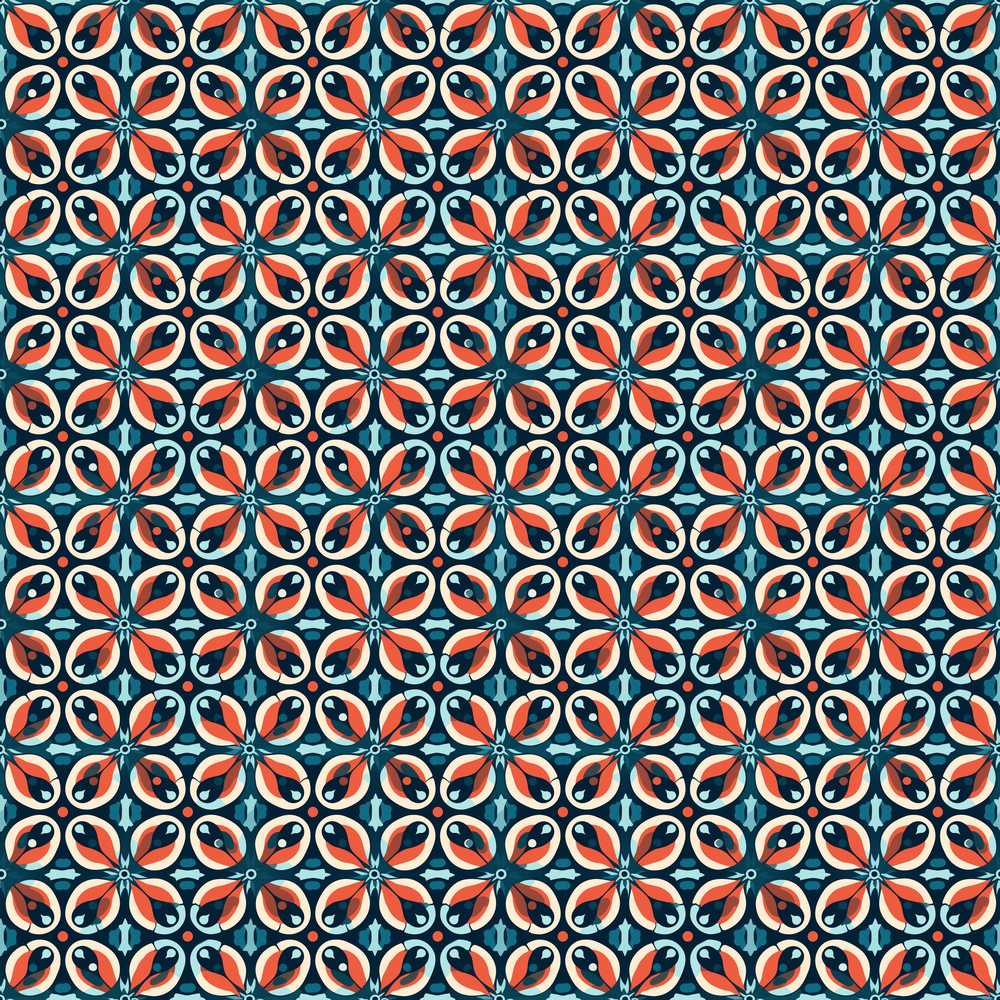 Geometric Floral Tile in Coral and Navy Wildflower Pattern