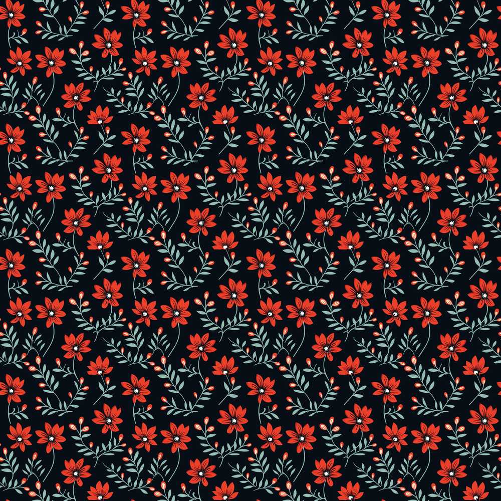 Bold Red Floral Sprigs on Dark Background Wildflower Pattern