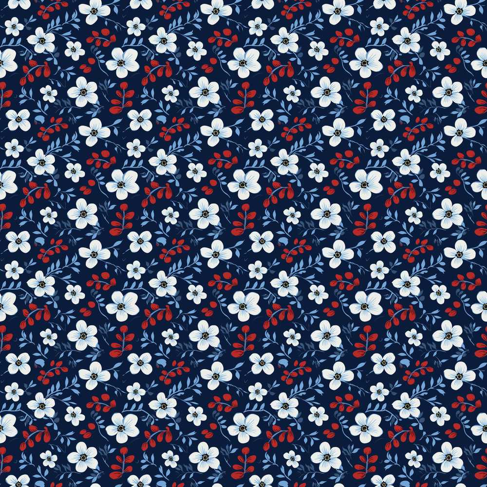 Navy Floral with White Blossoms and Red Berries Wildflower