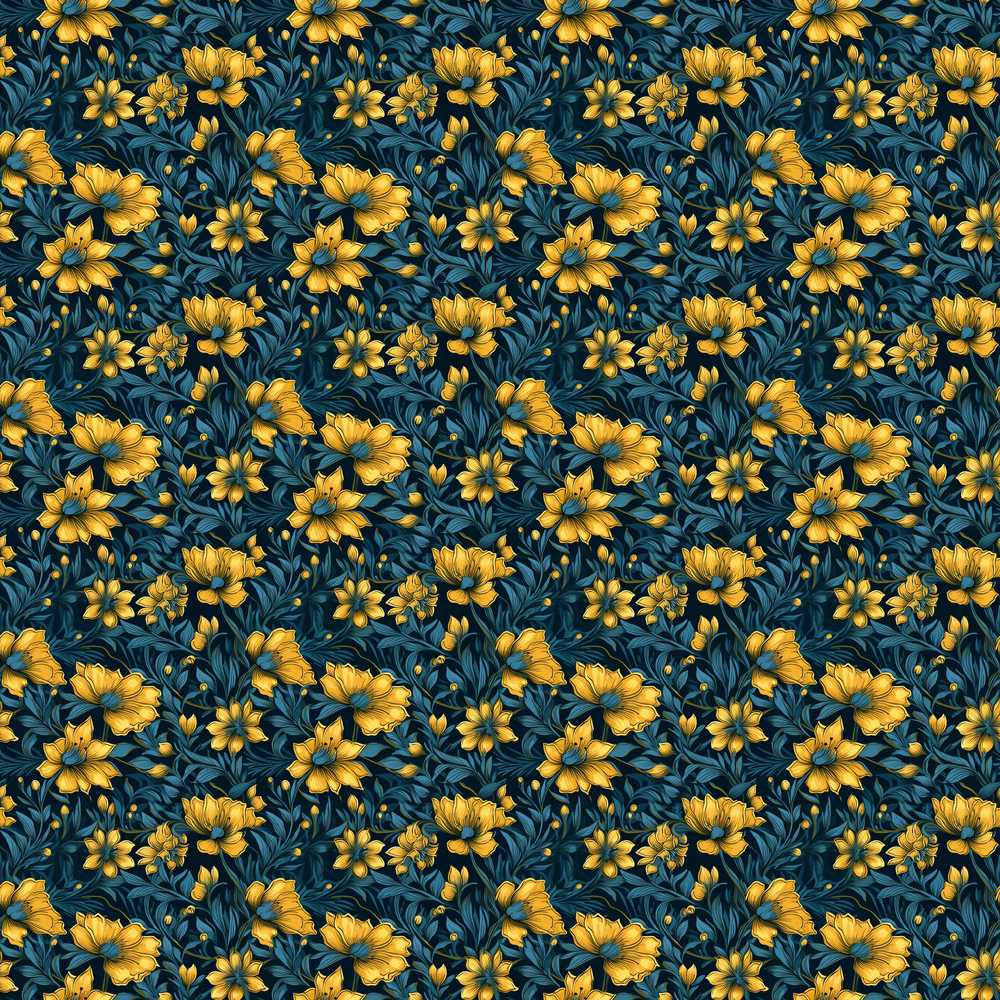 Golden Yellow Flowers on Dark Blue Botanical Wildflower Pattern