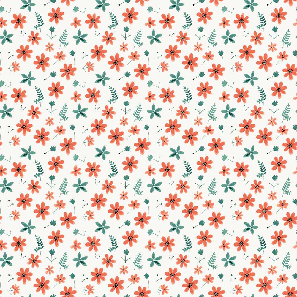 Coral Orange Floral Sprigs with Green Leaves Wildflower Pattern