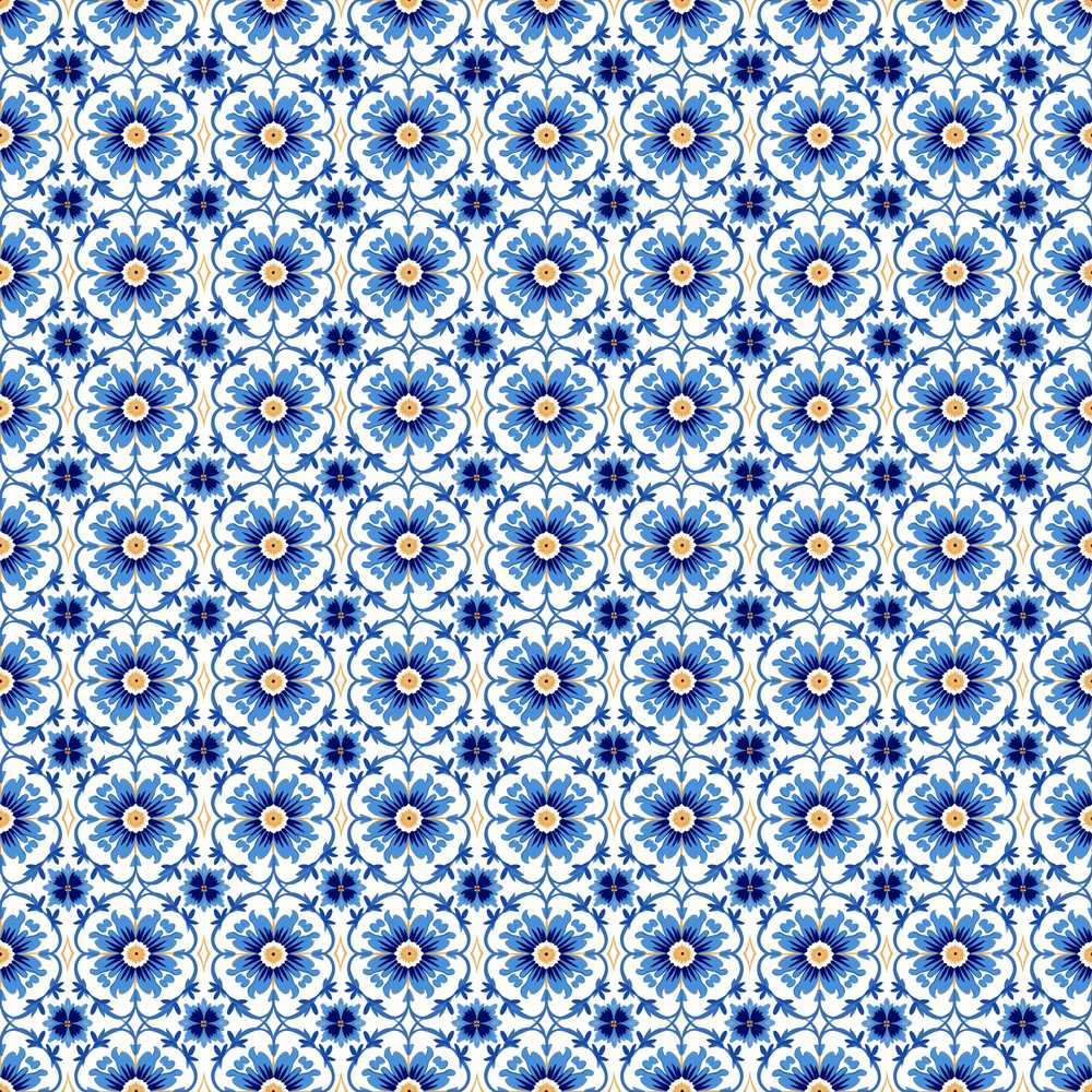 Blue Ornamental Floral Tile Inspired Pattern Wildflower Botanical