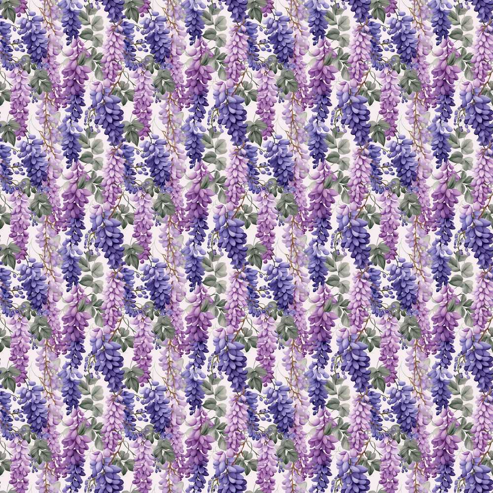 Pastel Purple Wisteria Blooms with Delicate Leaves Wildflower Pattern