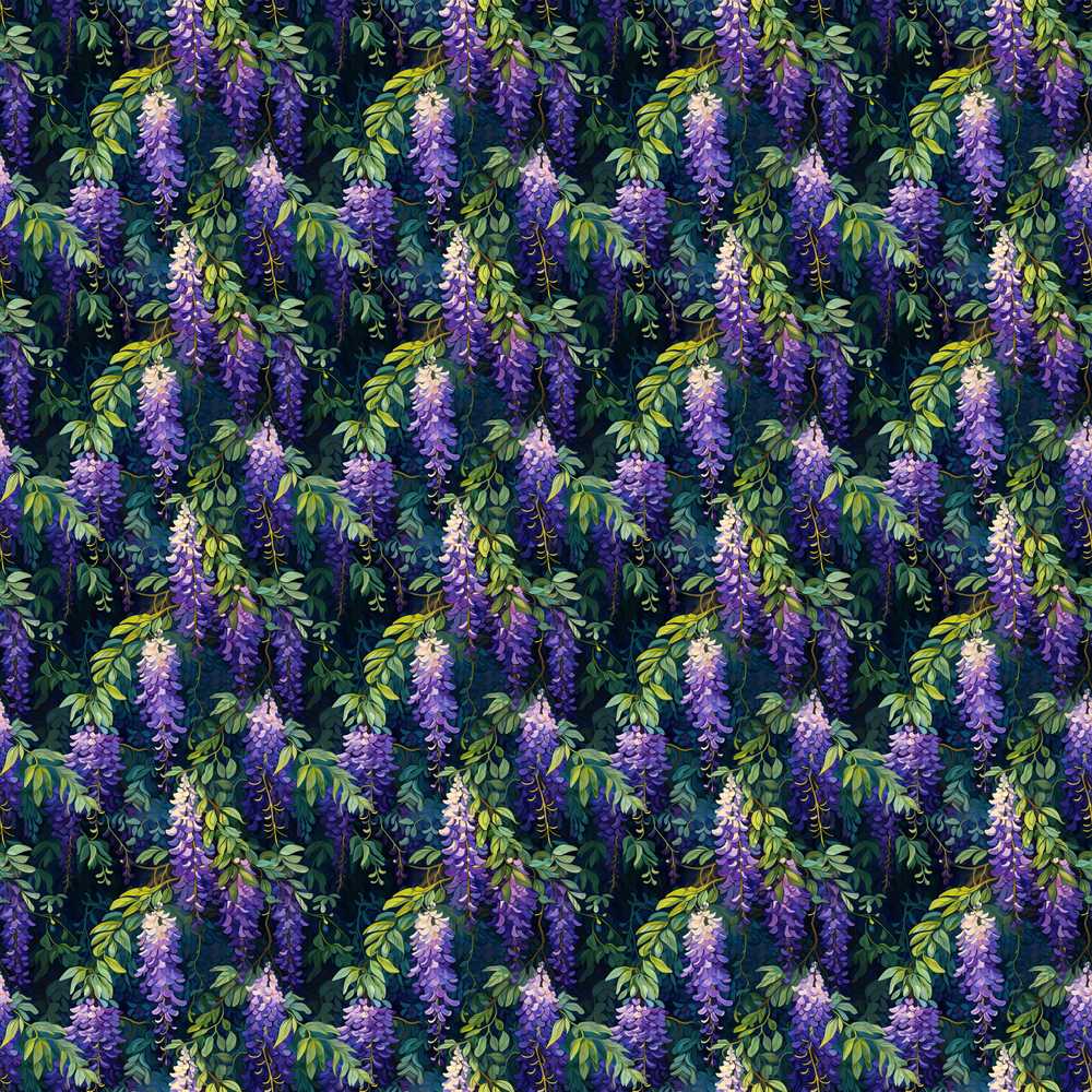 Dark Botanical Wisteria with Green Leaves Rich Wildflower Pattern