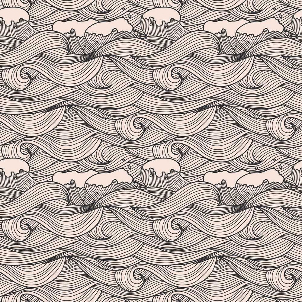 Beige Ocean Wave Line Art Coastal Illustration Pattern