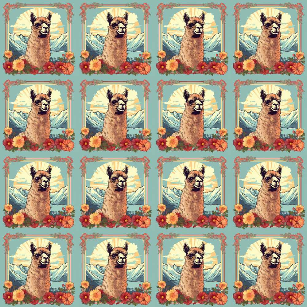 Floral Frame Alpaca With Mountain Background Wildflower Pattern Botanical