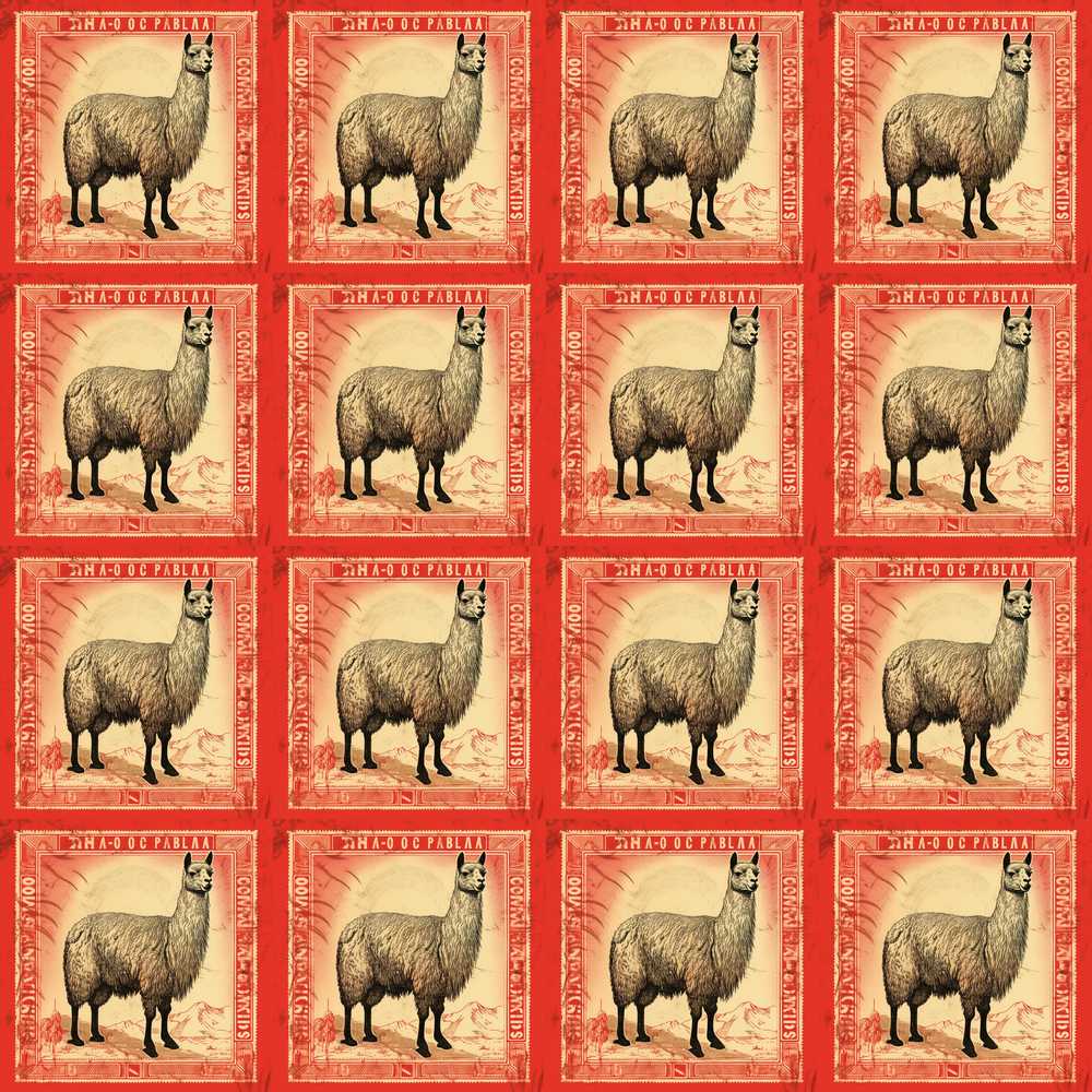 Vintage Stamp Style Alpaca Illustration Decorative Repeat Pattern