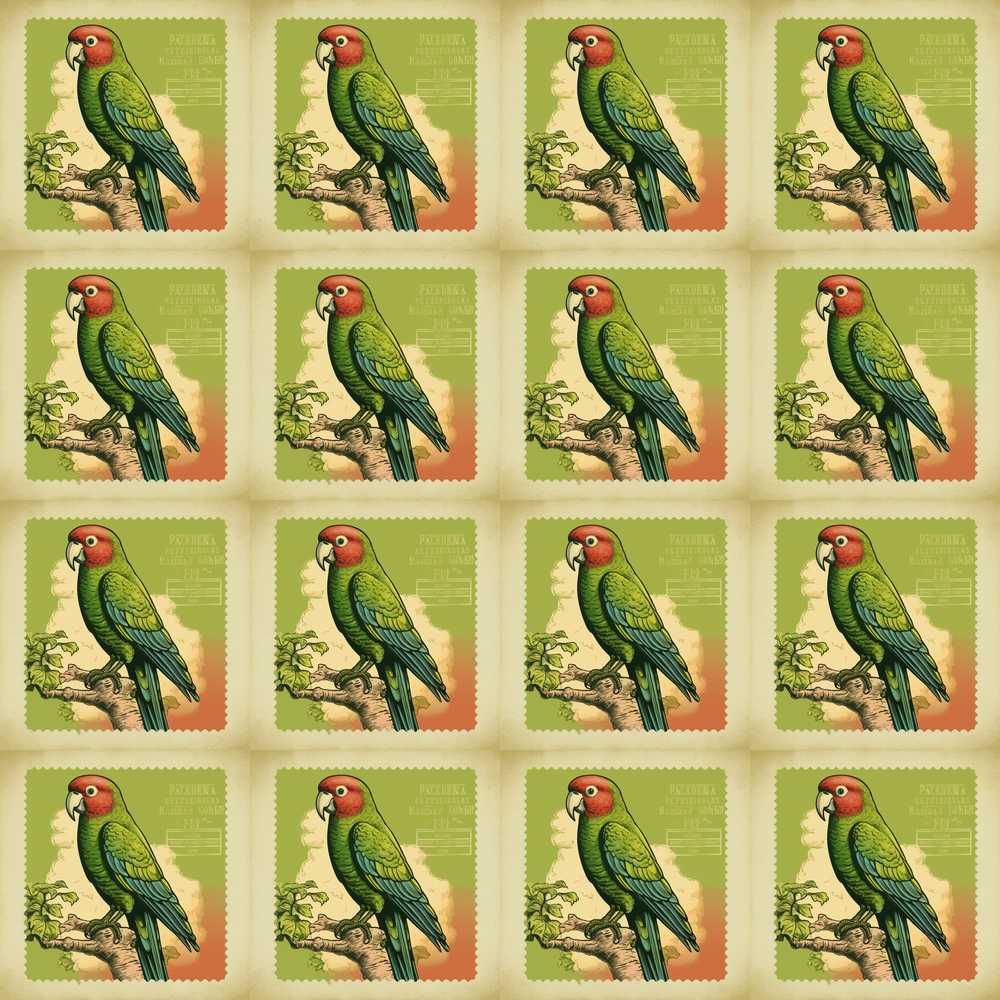 Vintage Parrot Postage Stamp Style Illustration Decorative Repeat