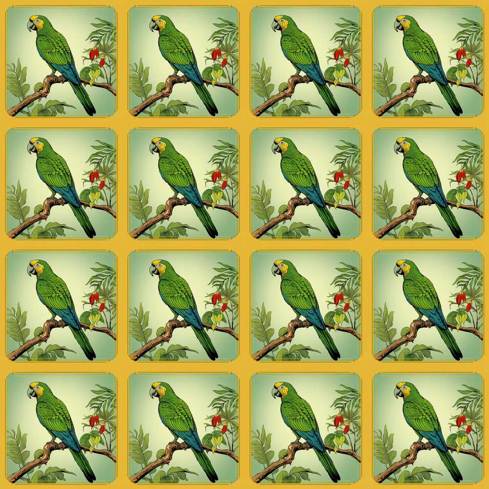 Tropical Green Parrot Branch Botanical Frame Wildflower Pattern