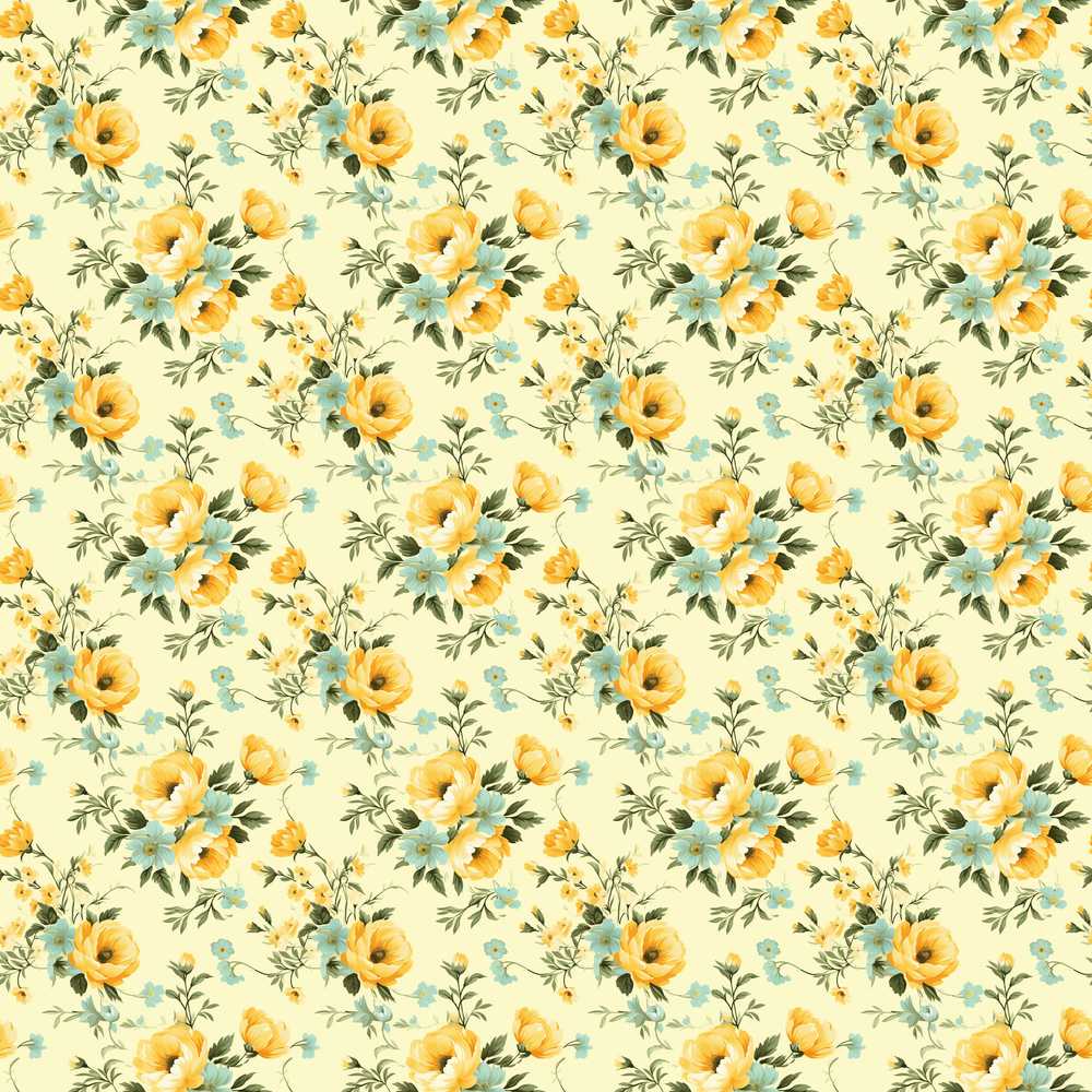 Vintage Yellow Blue Floral Bouquet Wildflower Pattern Botanical