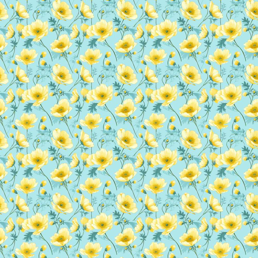 Delicate Yellow Flowers Blue Background Wildflower Pattern Botanical