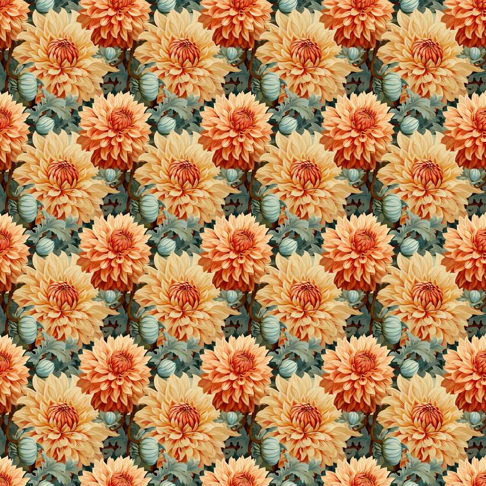 Warm Autumn Dahlia Flowers Vintage Botanical Wildflower Pattern