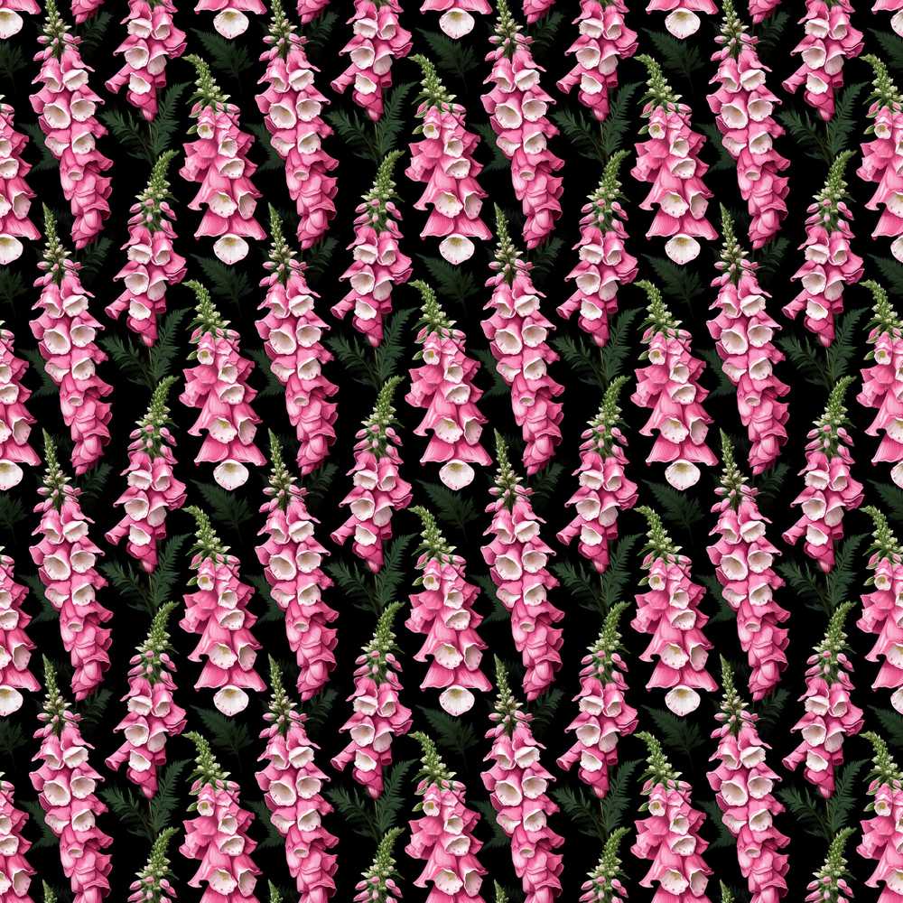 Pink Foxglove Flowers on Black Background Wildflower Pattern Botanical