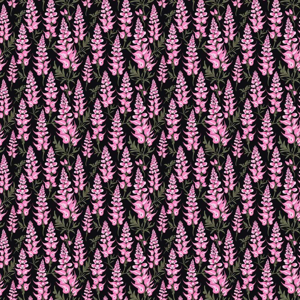 Stylized Pink Foxglove Floral on Dark Background Wildflower Pattern