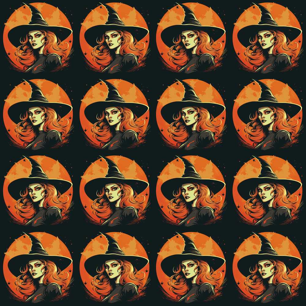 Vintage Halloween Witch Portrait Orange Moon Spooky Seasonal