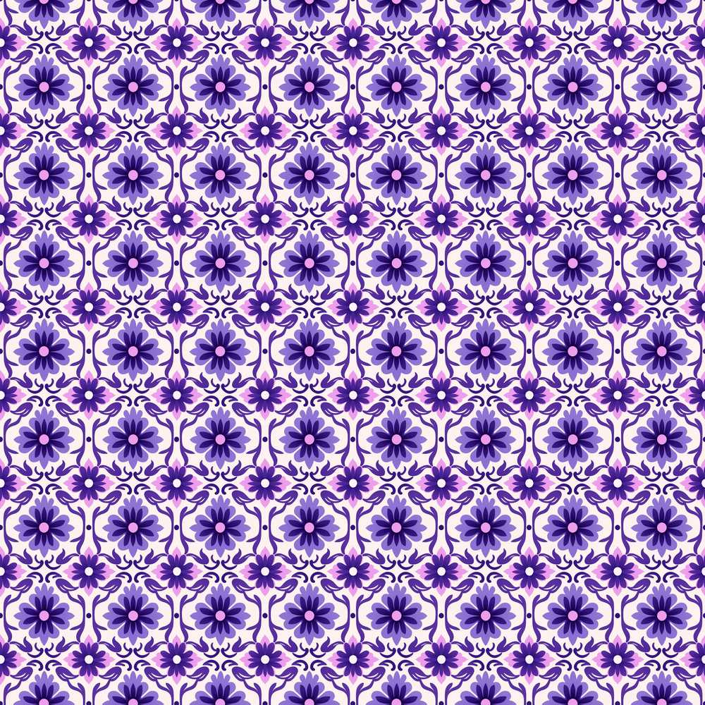 Purple Floral Geometric Tile Style Wildflower Pattern Botanical