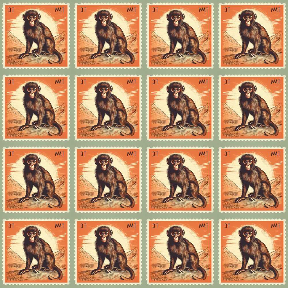 Vintage Monkey Postage Stamp Illustration Repeat Pattern Design