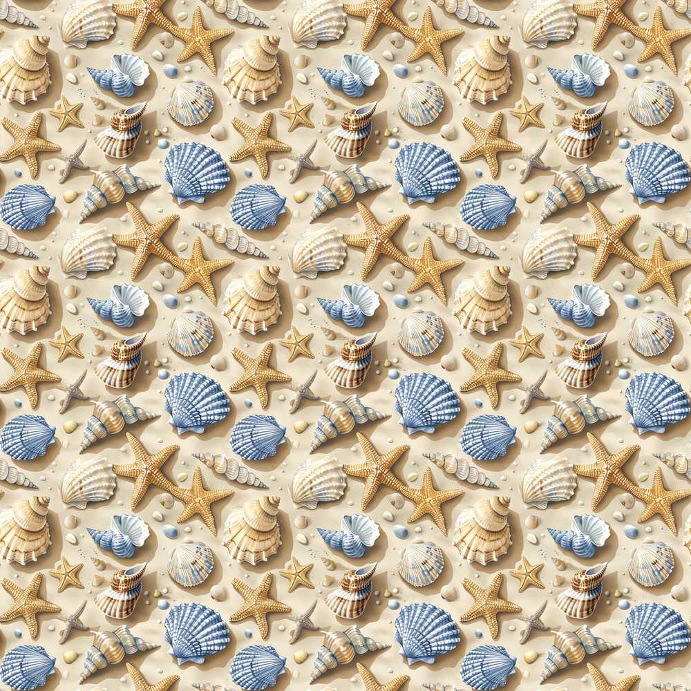 Blue Beige Seashell Starfish Sand Coastal Natural Illustration