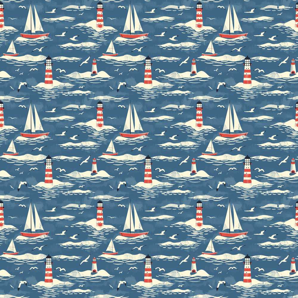 Lighthouse Sailboat Ocean Waves Vintage Coastal Scene Illustration