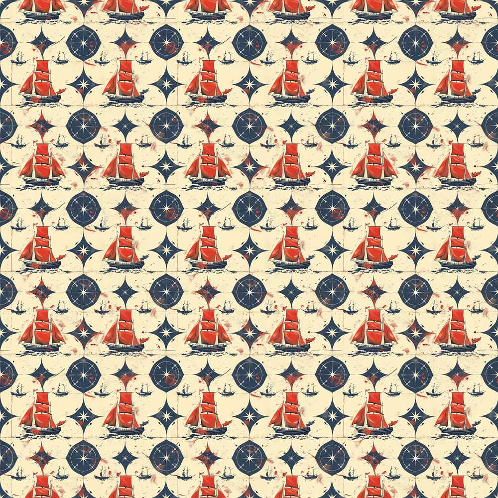 Red Sailboat Compass Vintage Nautical Ocean Coastal Illustration