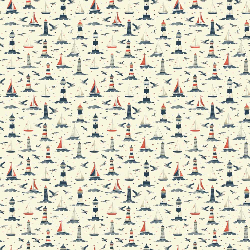 Lighthouse Sailboat Seagull Coastal Nautical Scene Illustration Pattern