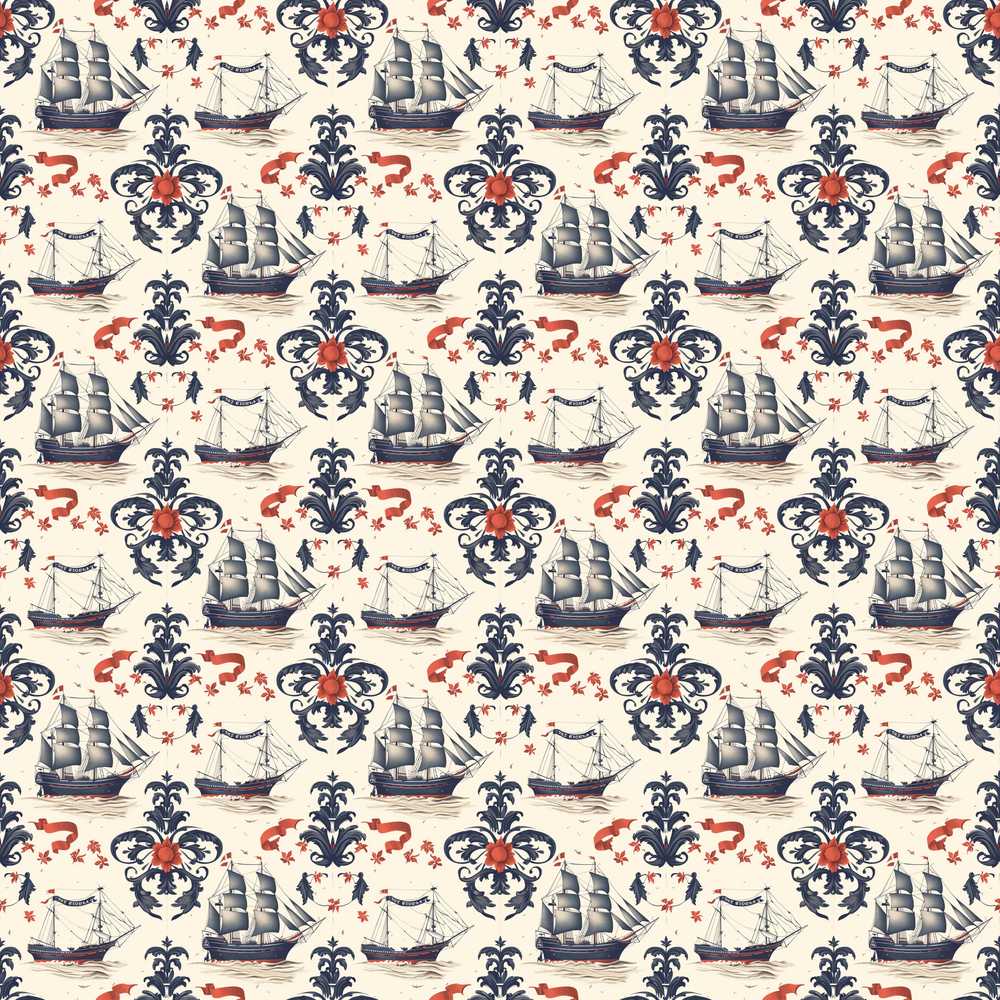 Elegant Nautical Ship Floral Vintage Marine Artwork Wildflower Pattern