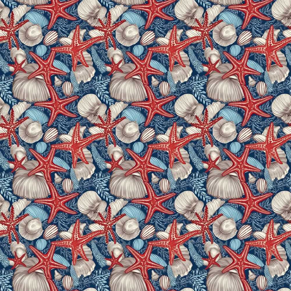 Classic Seashell Starfish Navy Coastal Ocean Marine Illustration