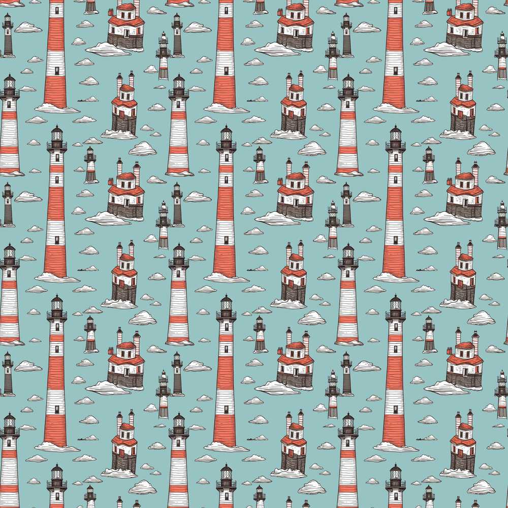 Whimsical Lighthouse Cloud Sky Nautical Coastal Scene Illustration