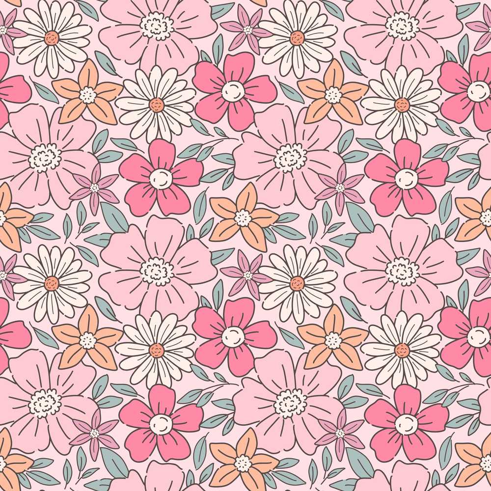Cute Hand Drawn Floral Ditsy Flowers Pattern Soft Pink Background