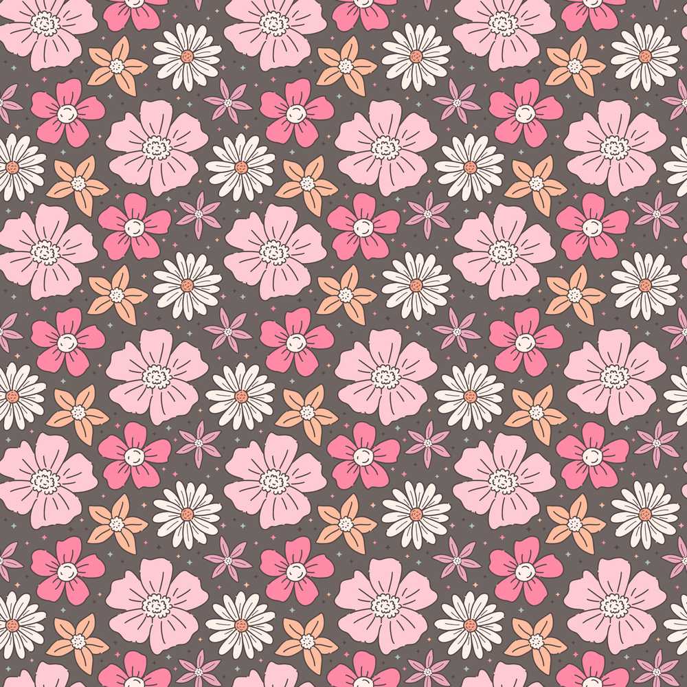 Cute Hand Drawn Floral Ditsy Flowers Pattern Dark Grey Background