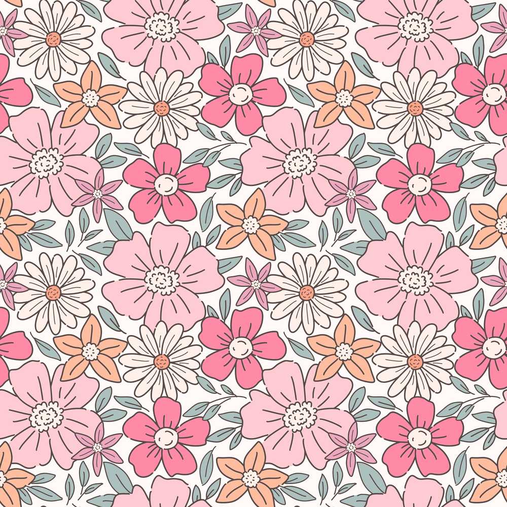 Cute Hand Drawn Floral Ditsy Flowers Pattern Light Cream Background