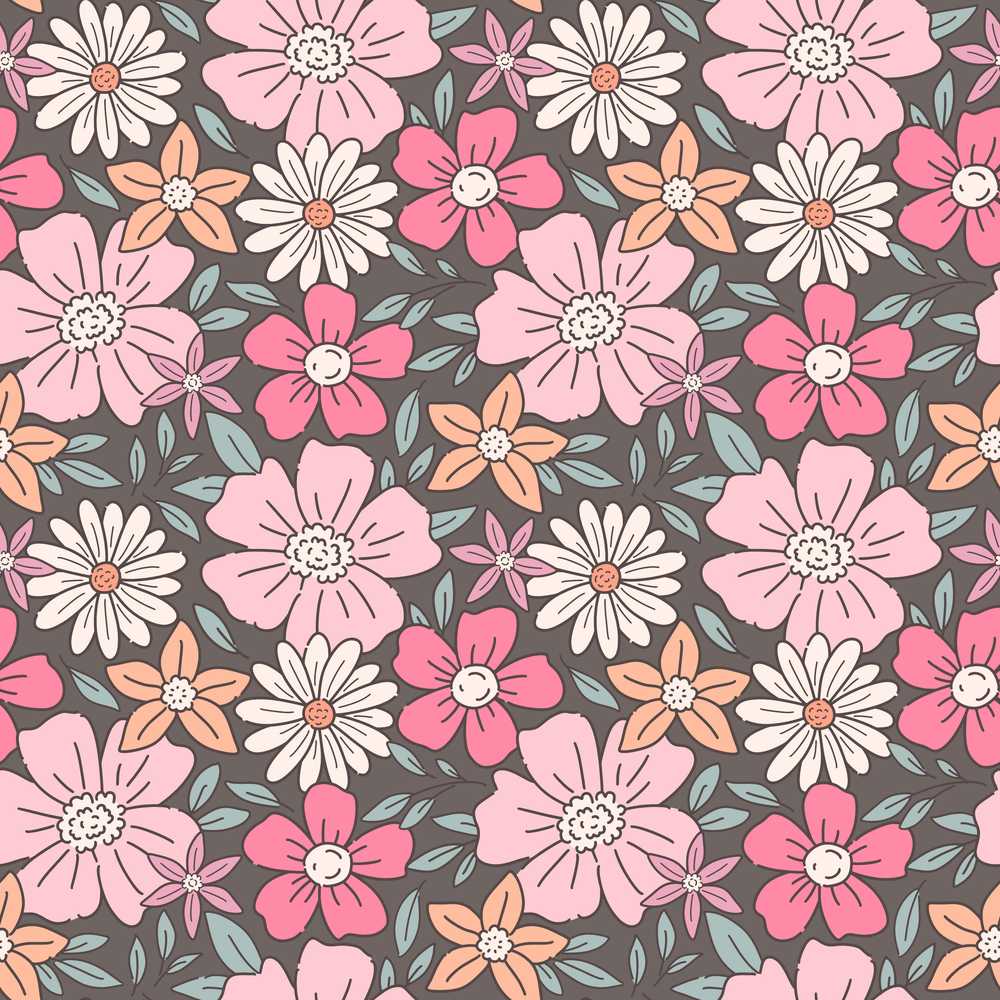 Cute Hand Drawn Floral Ditsy Flowers Pattern Dark Grey Background