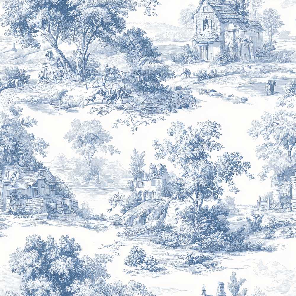 Vintage Toile Countryside Scenic Pattern Blue and White