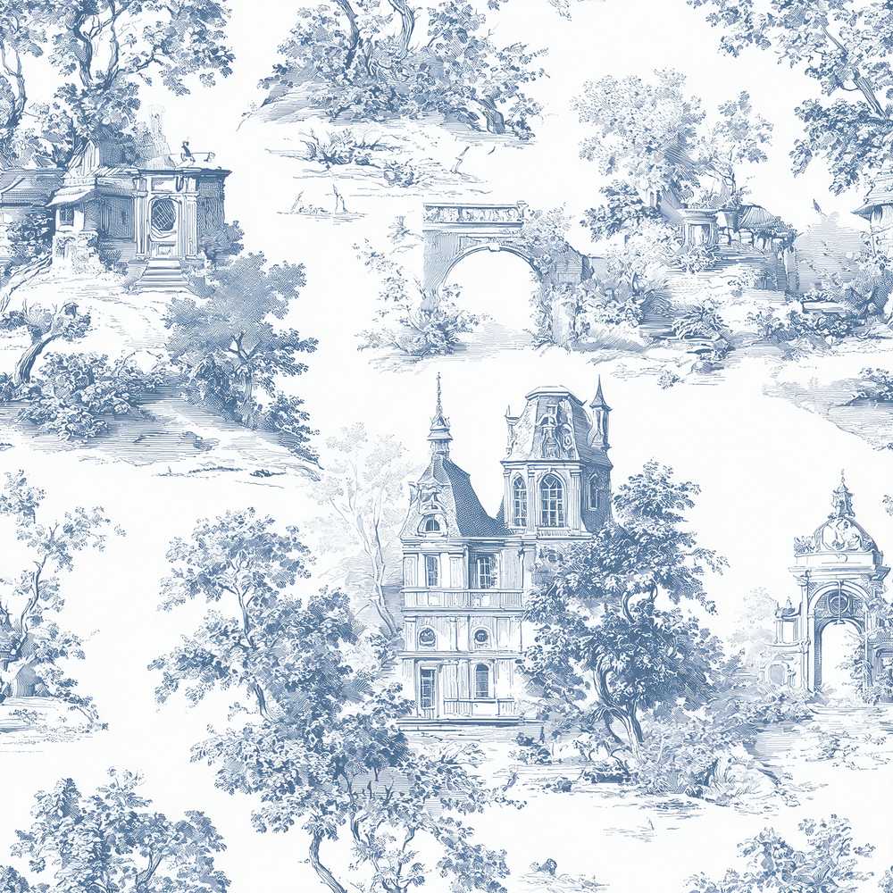 Vintage Toile Architectural Landscape Pattern Blue and White
