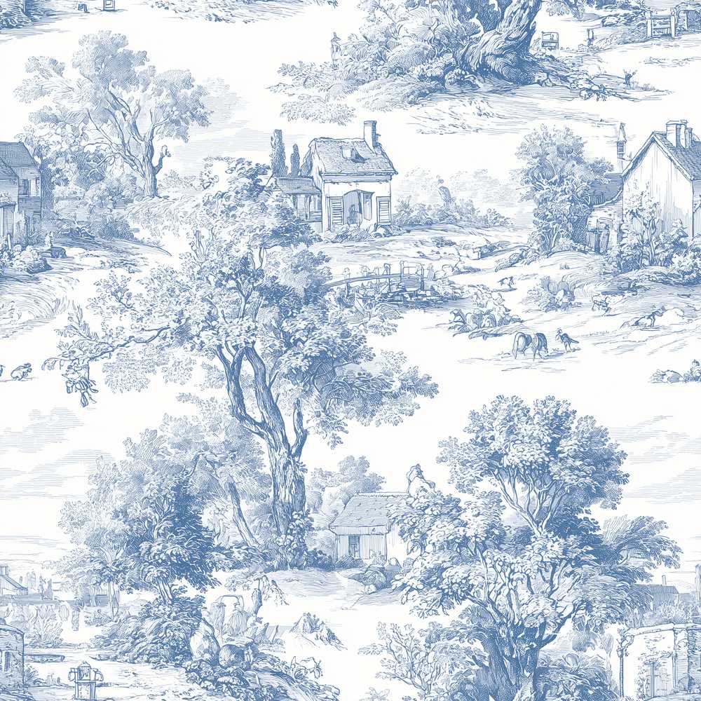 Vintage Toile Countryside Scenic Pattern Classic Blue and White