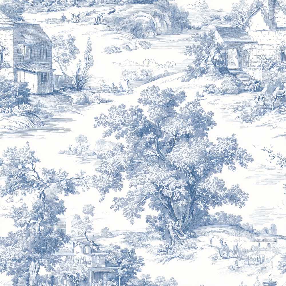 Vintage Toile Pastoral Landscape Pattern Detailed Blue and White