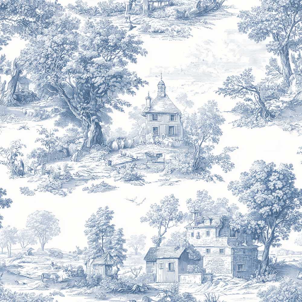 Vintage Toile Countryside Cottage Scene Blue White Decorative
