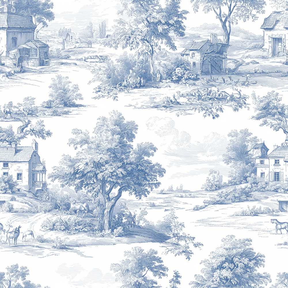 Vintage Toile Rural Landscape Farm Scene Blue White
