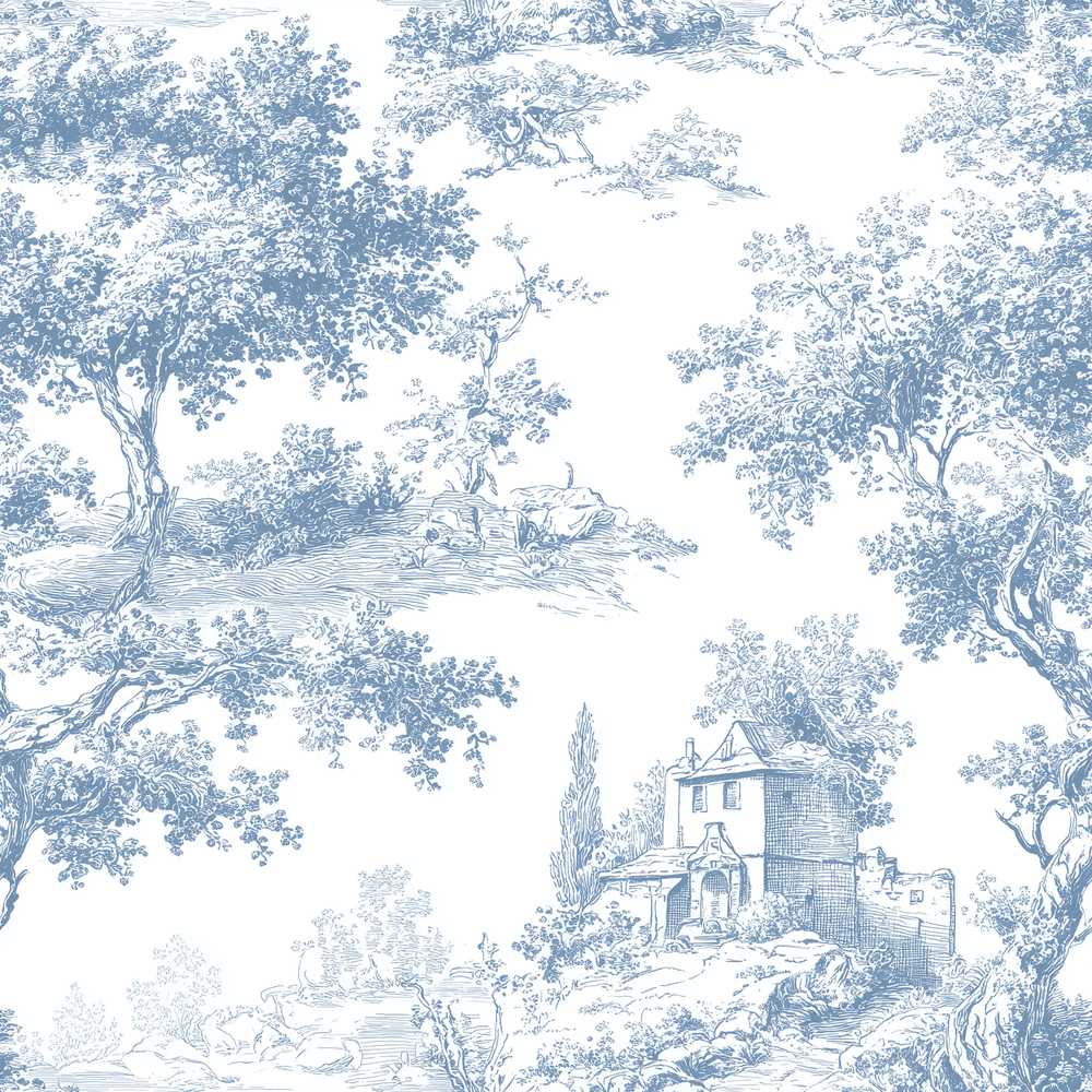 Vintage Toile Scenic Countryside Trees Village Blue White